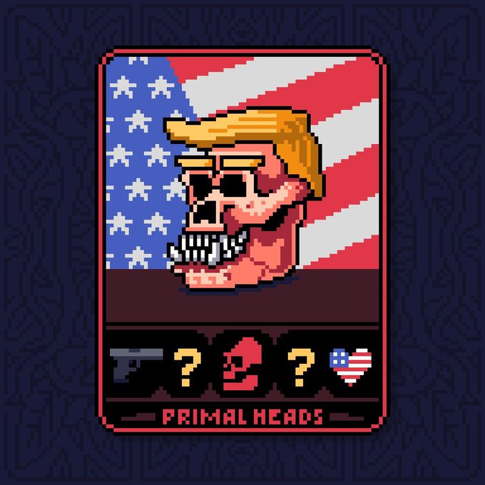 A pixel art trading card styled like a Pokémon card from the "PRIMAL HEADS" collection, featuring a skull-faced figure with blonde hair against an American flag background, with attribute icons (gun, question mark, red heart, question mark, heart flag) displayed at the bottom. The image promotes a giveaway being hosted on X (Twitter) and Telegram, requiring participants to follow @PrimalHeads and @Smaris, like and repost the post, and drop their wallet address to win one of 30 available spots.
