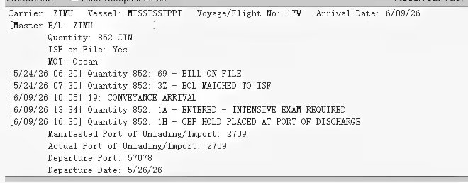 A logistics/shipping manifest showing carrier ZIMU, vessel MISSISSIPPI, voyage 17W, arrival date 6/09/26, with ISF on file status and CBP hold placed at port of discharge.