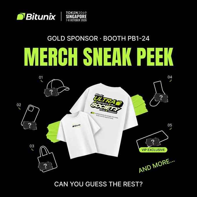 Bitunix, exhibiting as a Gold Sponsor at TOKEN2049 Singapore (Oct 7-8, 2026, Booth PB1-24), teases its "Merch Sneak Peek" with silhouettes of five mystery items (cap, phone case, tote bag, and a VIP-exclusive piece) around a revealed "Ultra Society" t-shirt, inviting fans to guess the rest and visit their booth for a chance to win.
