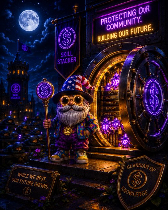 A digital illustration of a 'SKILL STACKER' gnome character in a patriotic hat holding a glowing dollar sign staff, standing before a vault labeled with 'PROTECTING OUR COMMUNITY. BUILDING OUR FUTURE.', 'XP', and traits like 'FOCUS', 'DISCIPLINE', 'STRATEGY', 'PATIENCE', and 'CONSISTENCY'.