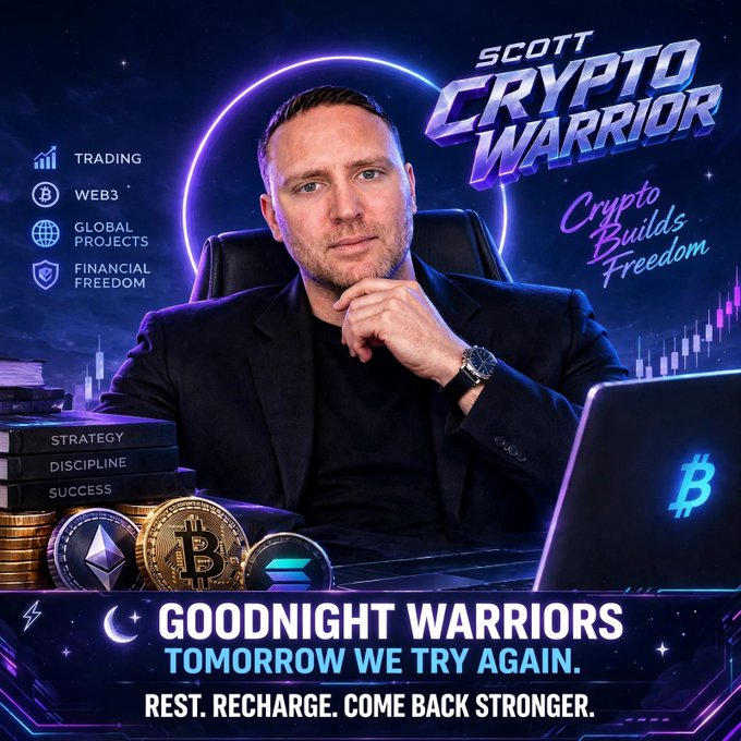Scott, a confident man in a black blazer, sits at a desk surrounded by crypto coins and a laptop displaying the Bitcoin logo, with the bold text "GOODNIGHT WARRIORS — TOMORROW WE TRY AGAIN. REST. RECHARGE. COME BACK STRONGER." beneath him, reinforcing the "Goodnight" post as a motivational sign-off to his crypto trading community.