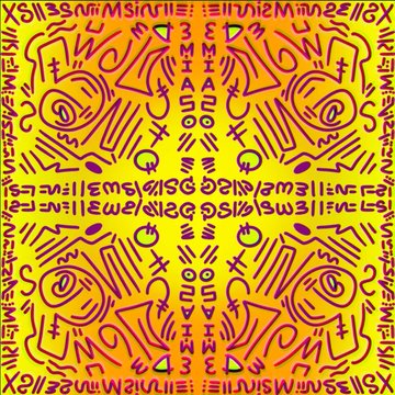 A repeating, symmetrical psychedelic pattern in red and yellow featuring abstract face-like designs, symbols, and text-like shapes.
