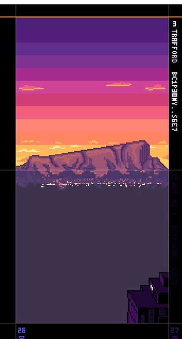 Pixel art illustration of a mountain range silhouetted against a vibrant purple and orange sunset sky with city lights at the base, featuring text 'ECLIPSU...SEP' and the filename 'TRAFFFORO' along the side.