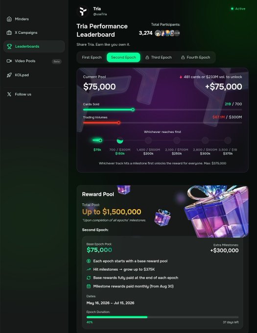 The image shows a screenshot of the website "tria", which appears to be used by Mindo as a campaign platform for trading items, such as Triacard cards or Tilturium. The user interface of the website displays information about the campaign's features and how to join it. It also provides details on how to create trading volume and generate content related to the campaign. The primary focus is on the campaign itself rather than the specific image shown in the screenshot, which seems unrelated to Mindo or the campaign.