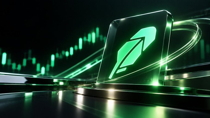 A glossy 3D rendering of a glowing green pen/feather icon inside a transparent cube, set on a reflective platform with green light streaks and candlestick chart bars in the dark background.