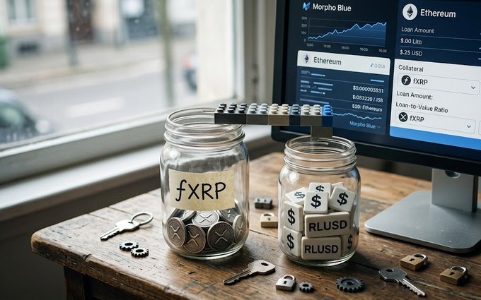 Two glass jars labeled "FXRP" and "RLUSD" sit on a wooden desk beside a monitor displaying the Morpho Blue Ethereum vault ($280M, $0.03220/1.058 with $0.00005833 details) and a loan interface offering a $0.00 Ltn / $25 USD loan at $0.03220/1.058. The scene visually mirrors the post's strategy of wrapping XRP into FXRP on Ethereum, then using it as collateral to borrow RLUSD against the $280M Morpho Blue vault.