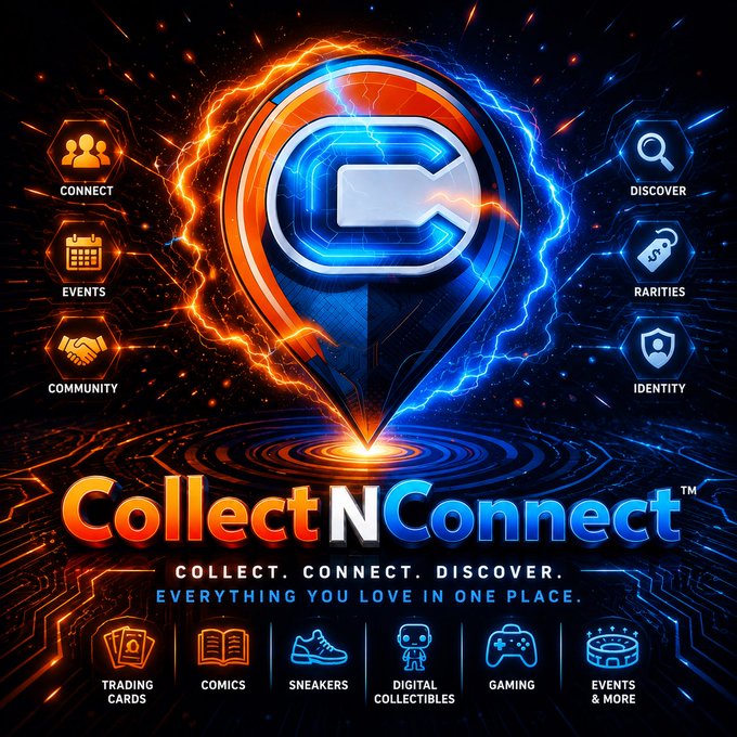 A vibrant digital advertisement for 'CollectNConnect' featuring a central 'C' logo surrounded by orange and blue lightning, with icons for categories like Connect, Events, Discover, Rarities, and Community.