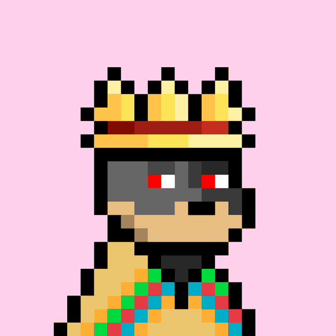 A pixel art character wearing a gold crown and colorful robes with red eyes, set against a pink background.