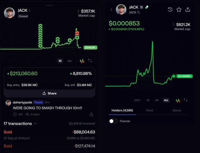 A mobile app screenshot showing trading charts for the JACK token (formerly $357.1K market cap, now $821.2K) with a +$213,060.60 profit and 8,810.86% gain, along with transaction history showing sold positions and a user comment reading 'WERE GOING TO SMASH THROUGH 10M!!!'