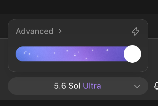 A dark-themed user interface setting panel showing an 'Advanced' option with a toggle switch and a speed selection of '5.6 Sol Ultra'.