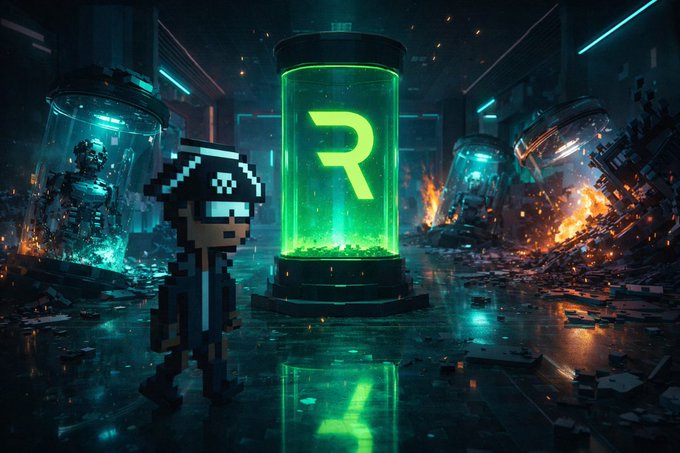A pixel-art character with sunglasses standing in a cyberpunk lab setting next to a glowing green cylindrical container displaying the R symbol (Raydium logo), with other pods and fire in the background.