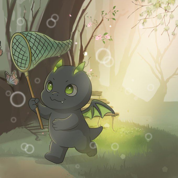An illustration of a cute black baby dragon with green horns and wings, holding a butterfly net in a magical forest setting with bubbles and butterflies.