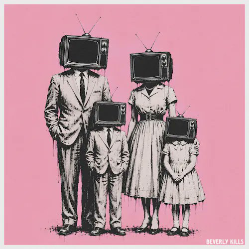 An illustration on a pink background depicts a family of four in vintage clothing, all having vintage television sets for heads, with 'BEVERLY KILLS' written in the corner.