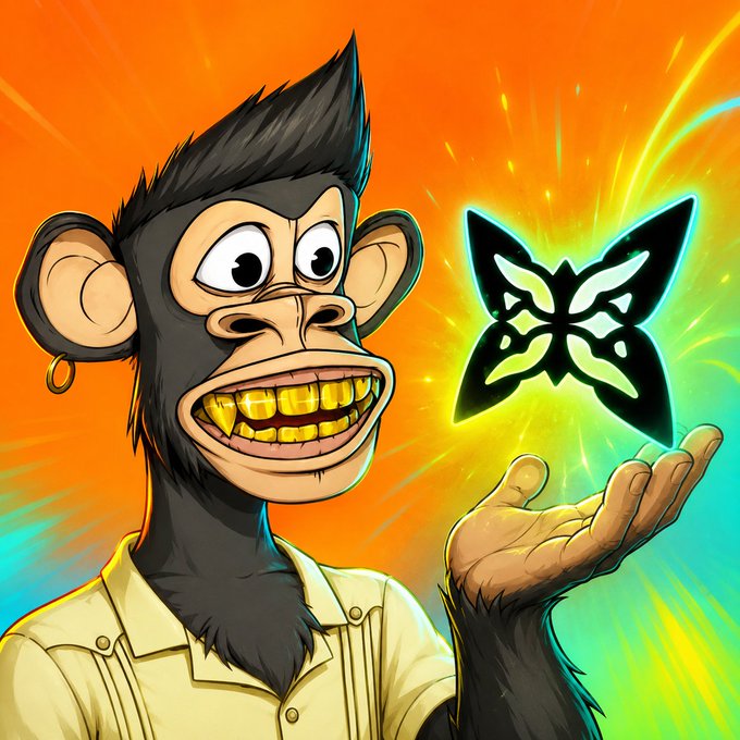 A cartoon monkey character with a wide grin showing gold teeth, an earring, and a yellow shirt holds out its hand displaying a glowing green and black butterfly emblem against an orange background.