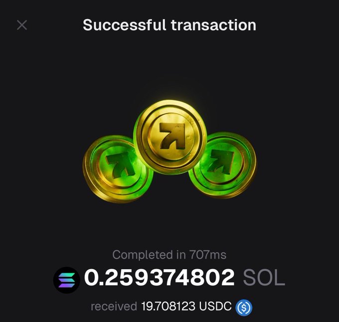 A successful cryptocurrency transaction screenshot showing 0.259374802 SOL received for 19.708123 USDC, completed in 707ms, featuring green and gold coin graphics.