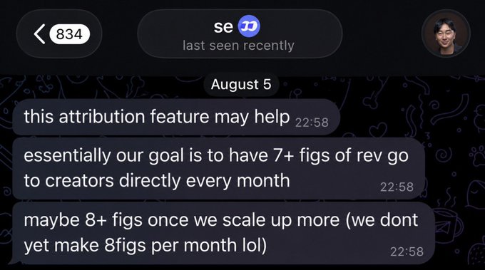 A Telegram chat with messages about an attribution feature and revenue sharing goals.