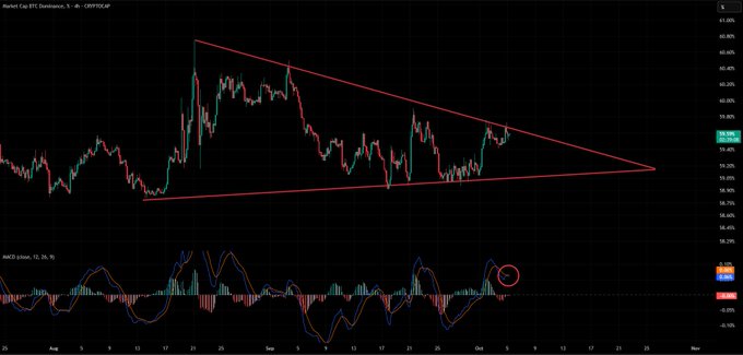 A financial trading chart for 'Market Cap BTC Dominance' showing a symmetrical triangle pattern with MACD indicators at the bottom.