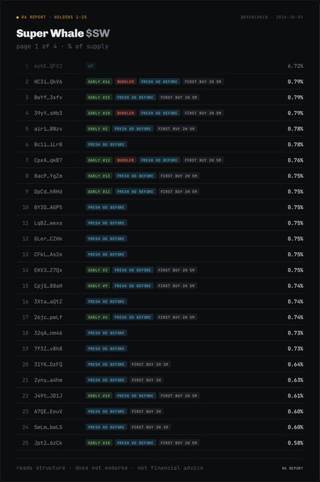 A 'SuperWhale $SW' holders report on DaasChain dated 2024-10-29, listing the top 25 holders and their percentage of supply, with tags like 'EARLY', 'BUNDLE', and 'FRESH DD BEFORE'.