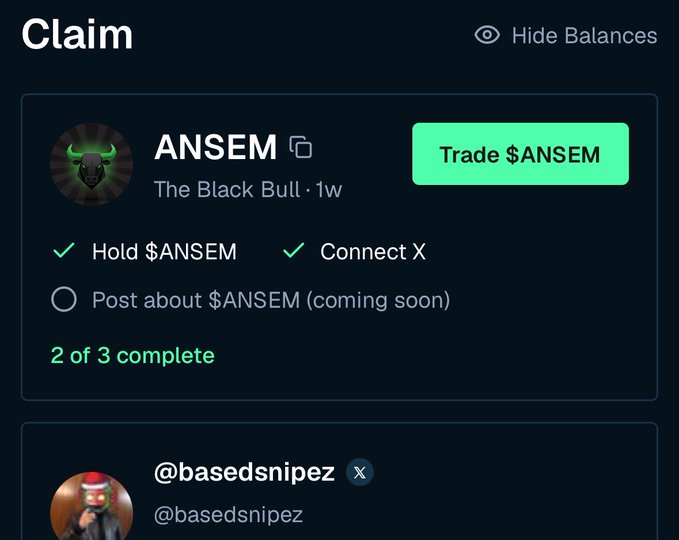 A user claims they've already held $ANSEM and connected X, with only the "Post about $ANSEM" task remaining (2 of 3 complete), highlighting the $ANSEM ticker and the BullpenFi ("The Black Bull") platform despite the user reporting wallet display glitches with their tokens.