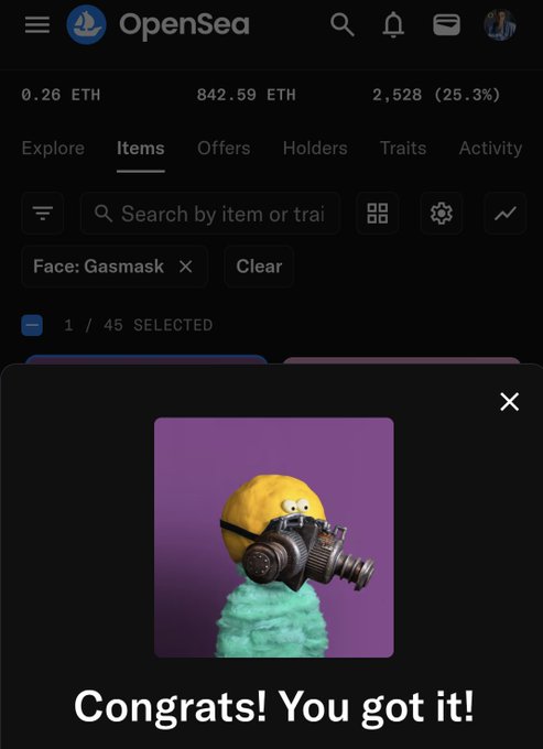 An OpenSea interface displays a digital artwork of a yellow character wearing a gas mask, with the text 'Congrats! You got it!'.
