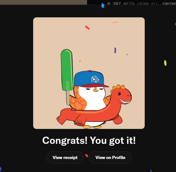 A digital confirmation screen with confetti showing a cartoon penguin wearing a baseball cap riding a red dinosaur and holding a green baseball bat, with the text 'Congrats! You got it!' and buttons for 'View receipt' and 'View on Profile'.