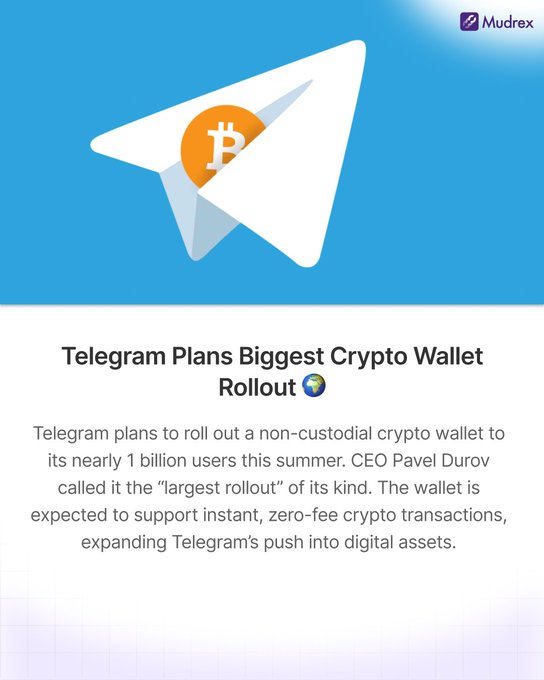 A Mudrex news graphic with the Telegram logo and Bitcoin symbol, headlined 'Telegram Plans Biggest Crypto Wallet Rollout' about CEO Pavel Durov's plan for a non-custodial crypto wallet supporting instant, zero-fee transactions.