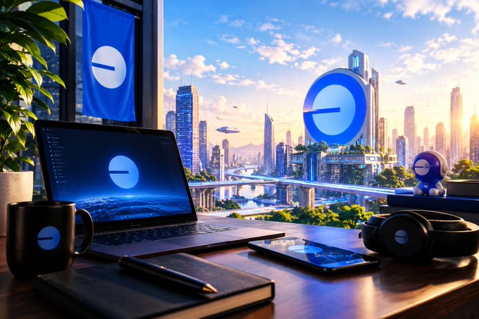 A futuristic cityscape viewed from a desk setup featuring a laptop, smartphone, headphones, mug, and notebook, all displaying a blue circular logo with a stylized 'S'.