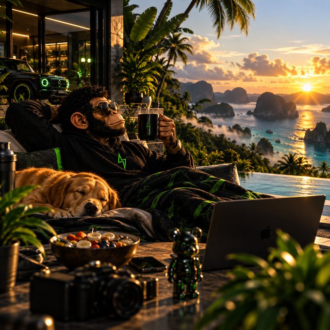 A digital illustration shows a relaxed chimpanzee wearing sunglasses and green-accented clothing, reclining on a lounge chair with a golden retriever, sipping from a mug while overlooking a tropical sunset ocean view with a laptop, camera, and toy bear nearby.