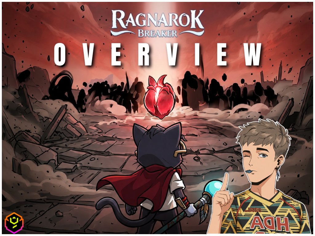 The image features an illustration of a man and a cat standing next to each other with the text "Ragnarok Breaker Overview" written above them, indicating that this is a summary or overview of the game. The background shows a scene from Norse mythology featuring a wave breaking over a city.