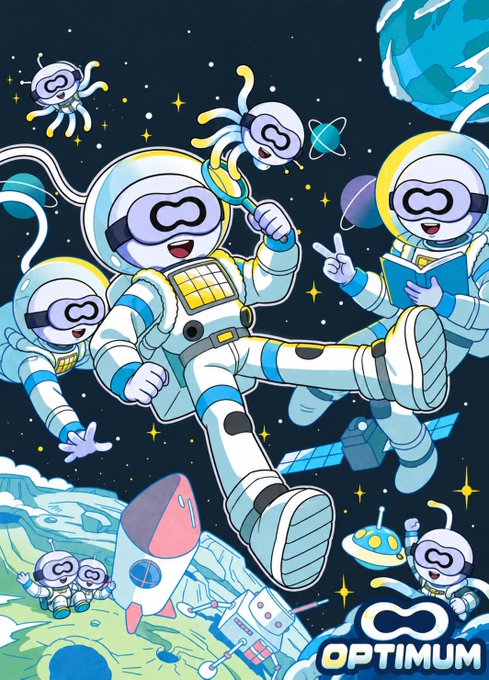 A cartoon illustration featuring astronauts wearing helmets with infinity-symbol visors floating in space, with one reading a book and another holding a rattle, alongside alien creatures, a rocket, and satellites, branded with the "OPTIMUM" logo.