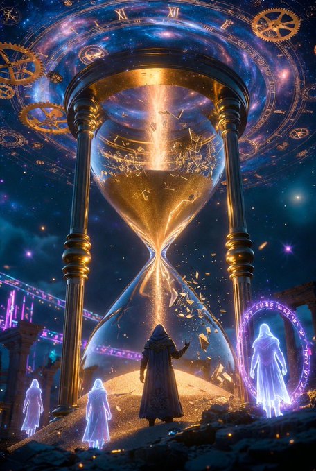 A fantasy illustration showing a hooded figure standing before a massive ornate hourglass with glowing golden sand, set against a cosmic backdrop with clockwork elements and ethereal figures.