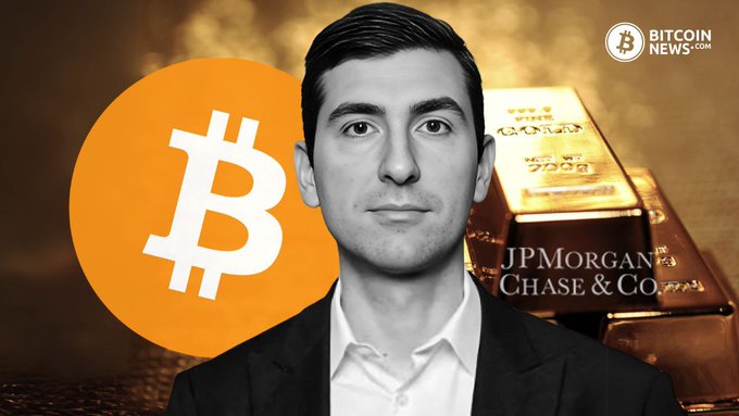 A man in a dark suit appears between a large Bitcoin logo and a gold bar stamped "JP Morgan Chase & Co.," illustrating a JPMorgan analyst's view that Bitcoin may outpace gold if ETF hedges unwind. The "Bitcoin News" logo appears in the top right corner.
