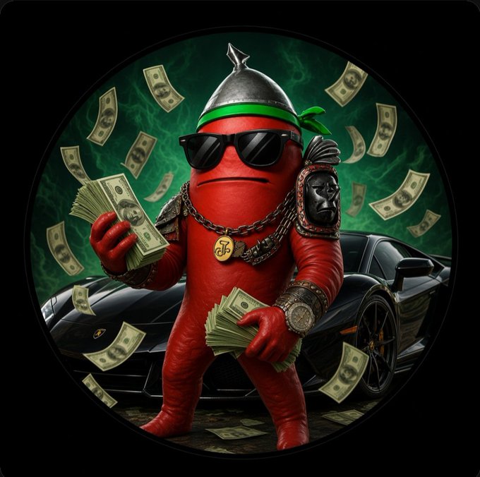 A stylized 3D rendering of a red character wearing sunglasses, a bandana, and gold chains, holding stacks of cash in front of a black Lamborghini with money flying around.
