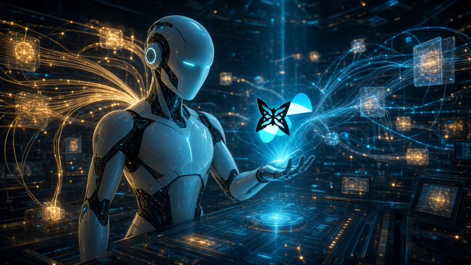 Sci-fi style illustration of a white humanoid robot holding glowing blue geometric shapes surrounded by floating data panels and golden particle streams.