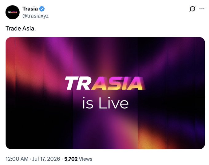 A tweet from Trasia (@trasiaxyz) announces "Trade Asia." with a graphic reading "TRASIA is Live" against a vibrant purple and pink gradient background, marking the platform's launch in the Asian markets.