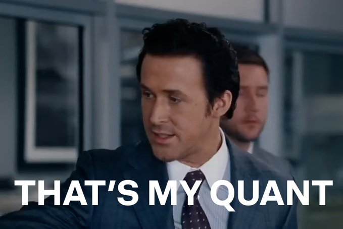 A man in a suit looks seriously off-camera with the overlaid text "THAT'S MY QUANT," playfully connecting to the post about a friend sharing a chart—implying the sender is the "quant" behind the analysis.