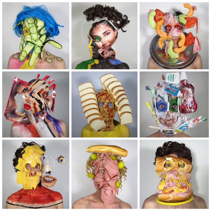 A 3x3 grid of surreal, grotesque portrait artworks featuring distorted faces made from various objects including fingers, bread slices, plastic bottles, cheese slices, and meat, with collaged food and hair elements.