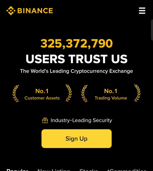 A Binance promotional screen highlighting '325,372,790 USERS TRUST US' as 'The World's Leading Cryptocurrency Exchange' with No.1 rankings for Customer Assets and Trading Volume.