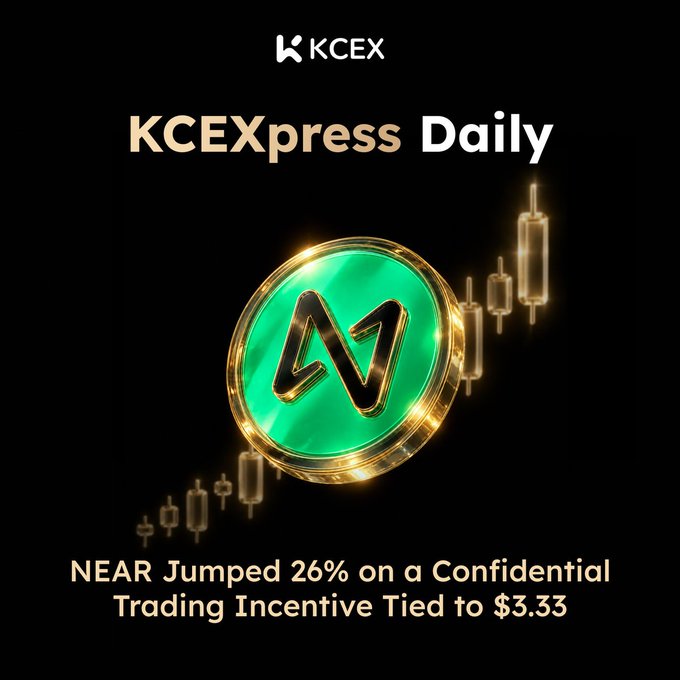 A promotional graphic for KCEX Daily highlighting that 'NEAR Jumped 26% on a Confidential Trading Incentive Tied to $3.33', featuring a green NEAR coin and a bullish candlestick chart.