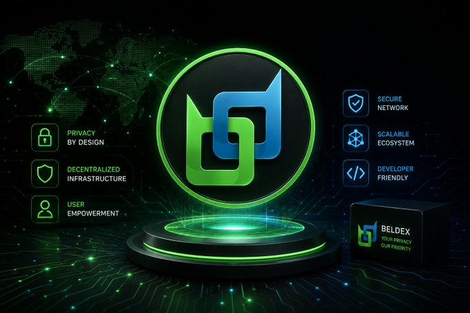 A futuristic promotional graphic for 'BELDEX' featuring its logo and selling points: Privacy by Design, Decentralized Infrastructure, User Empowerment, Secure Network, Scalable Ecosystem, and Developer Friendly.