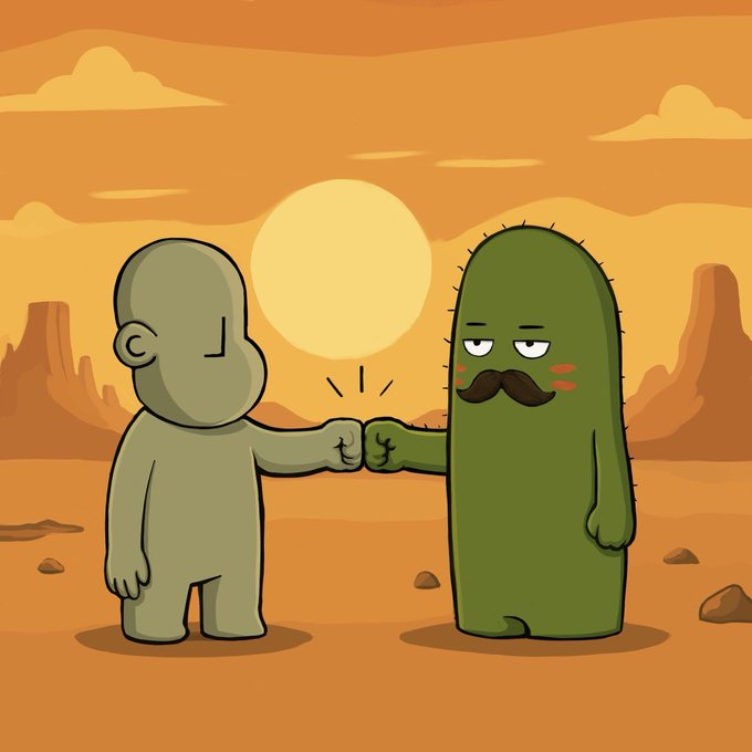 A cartoon illustration showing two characters fist-bumping in a desert landscape at sunset: a gray humanoid figure on the left and a green cactus with a mustache on the right.
