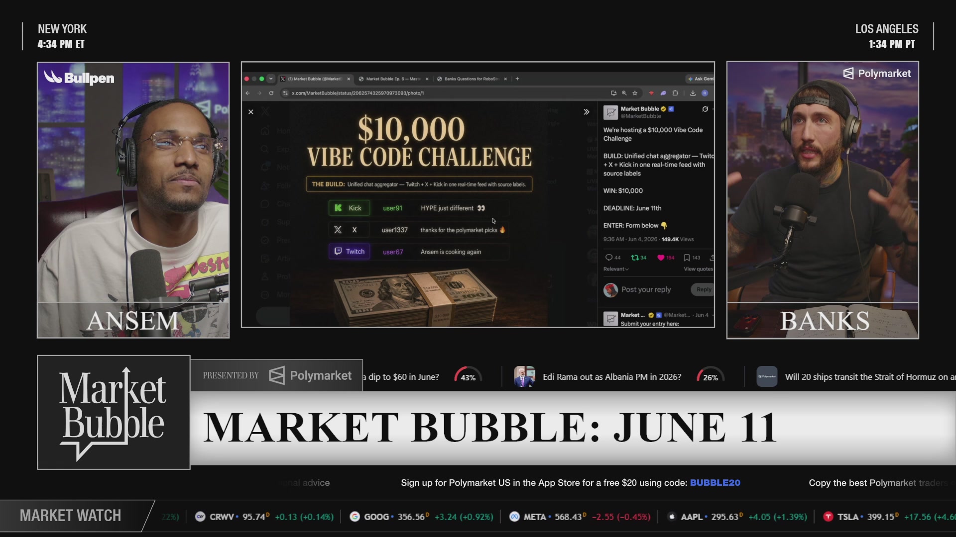 The image shows a poster for an event called "Market Bubble", which appears to be taking place at a radio station. The poster features two men, one wearing glasses and the other with a beard, sitting behind a computer screen displaying a website or webpage related to the event. The background of the poster is white, making it stand out against the black text on the poster. The poster also includes information about the event's date, time, and location, as well as the names of the hosts and guests featured in the presentation.