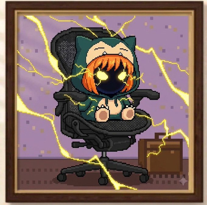 A pixel-art style illustration depicts an orange-haired figure in a green cat hoodie sitting in an office chair with glowing yellow eyes, surrounded by yellow lightning bolts.