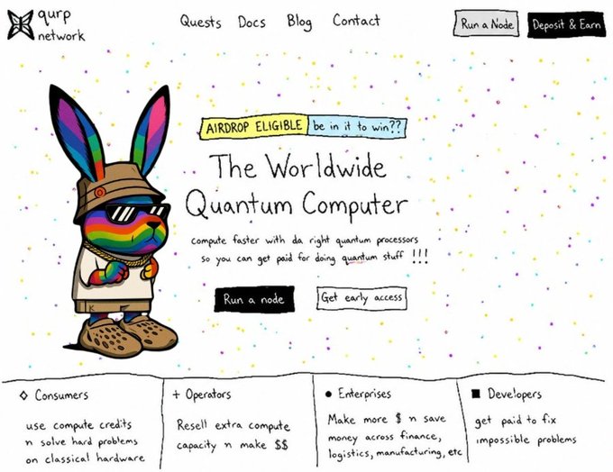 A website for "qurp network" featuring a colorful rainbow bunny mascot with the text "The Worldwide Quantum Computer" and "AIRDROP ELIGIBLE".