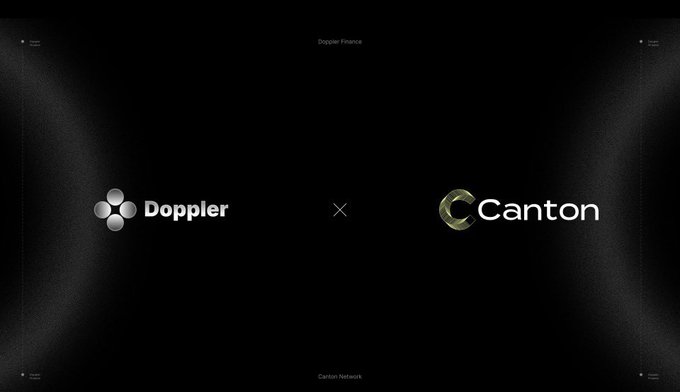 A black promotional image for 'Doppler Finance x Canton Network' featuring the Doppler and Canton logos side by side.