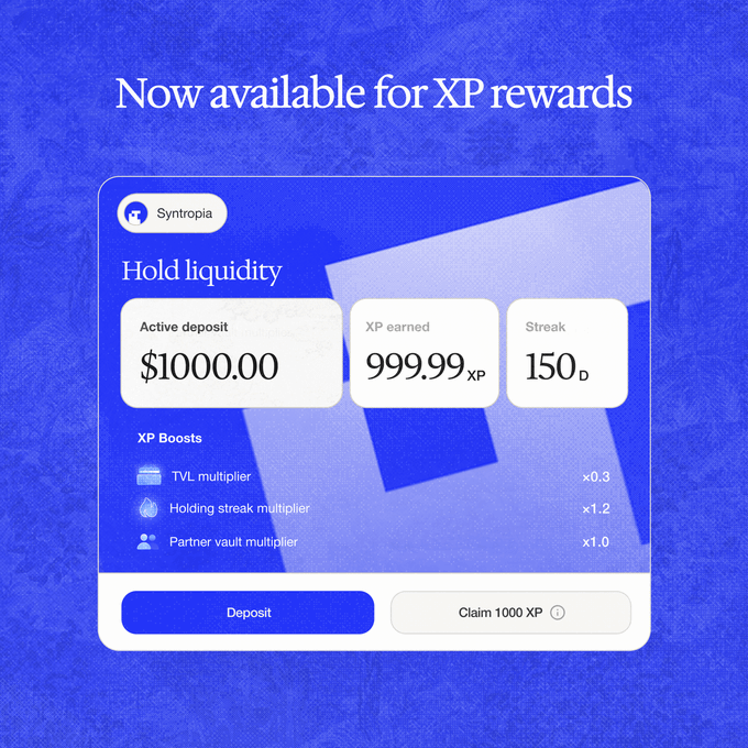 A blue promotional screen for 'Syntropia' showing 'Hold liquidity' features with $1000.00 active deposit, 999.99 XP earned, and a 150-day streak, along with XP boost multipliers.
