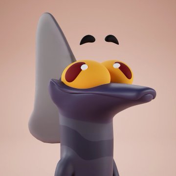 A 3D-rendered purple cartoon creature with large yellow eyes and a wide mouth stands against a pale pink background.