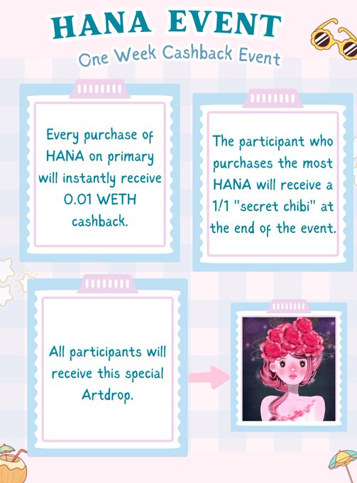 A pastel-colored infographic titled 'HANA EVENT' promotes a 'One Week Cashback Event,' detailing rules including 0.01 WETH cashback for purchases, a 'secret chibi' prize for the top buyer, and a special Artdrop for participants, featuring an image of a pink-haired character.