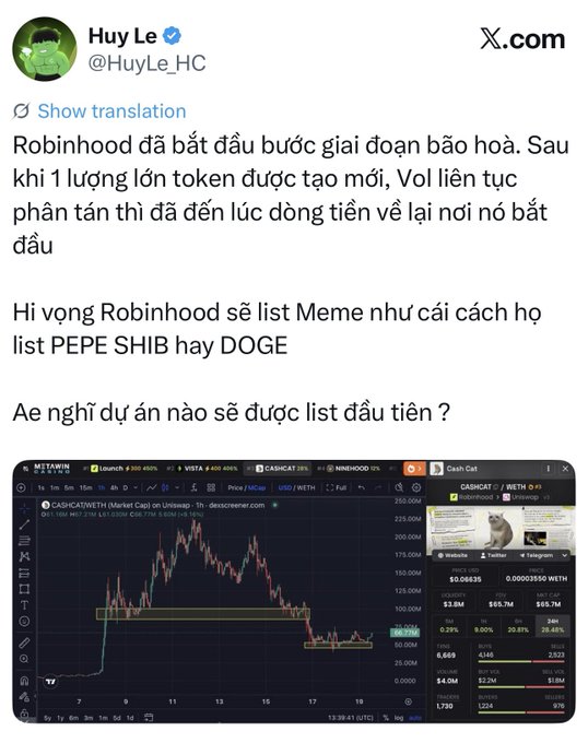 X.com post from Huy Le (@HuyLe_HC) discussing Robinhood potentially listing memecoins like PEPE, SHIB, or DOGE, with a CASHCAT/WETH trading chart screenshot below.