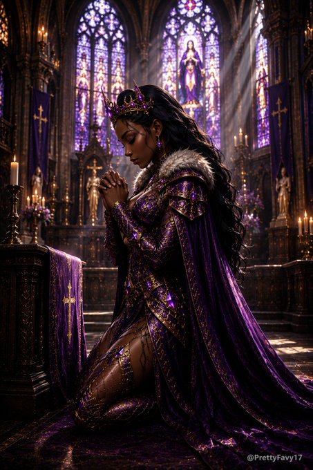 The image features a woman dressed in medieval clothing, kneeling down and praying inside an old church. She is wearing a purple robe and crowns her head with a wreath of flowers. The scene suggests that she might be participating in a religious ceremony or event within the church walls.